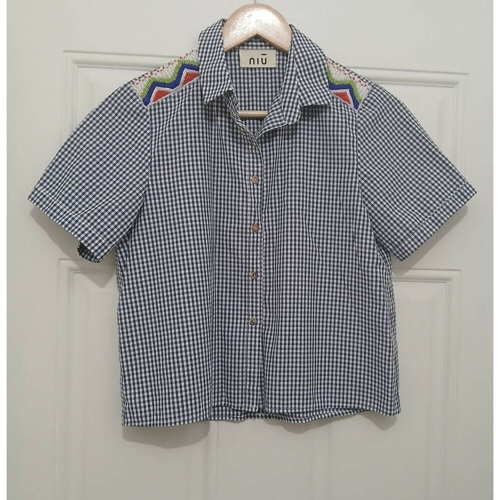Niu womens small ITALIAN shirt blue white gingham plaid top boxy beaded